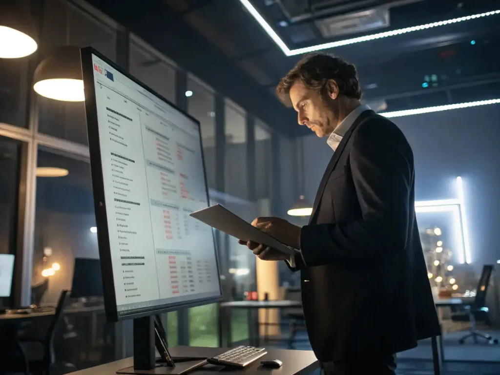 Homem analisando dados em escritório moderno.