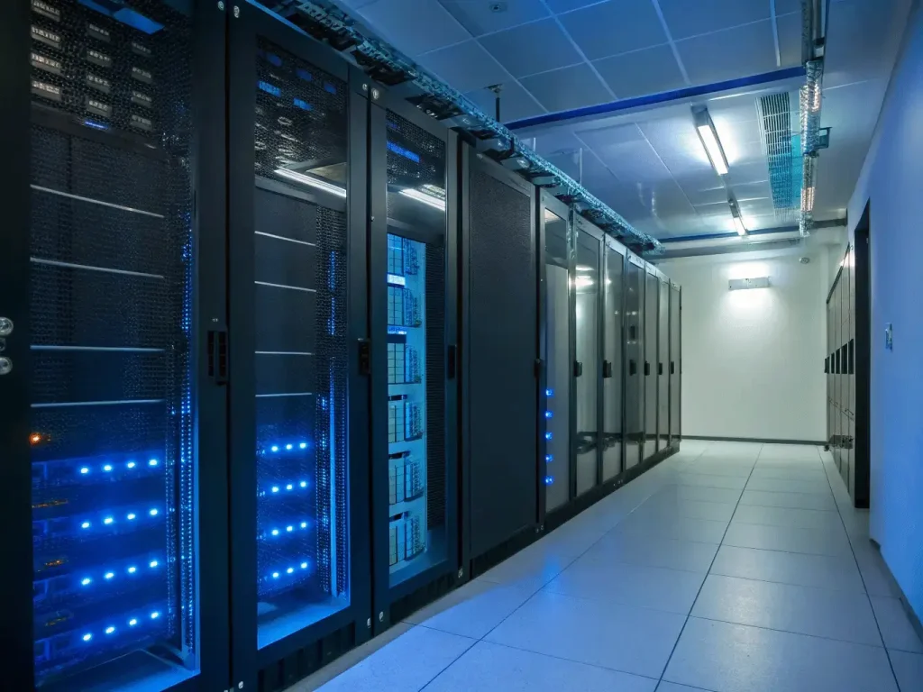 Sala de servidores com iluminação azul.