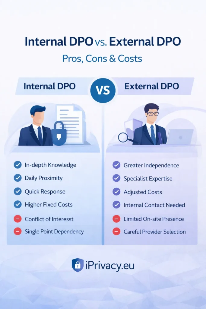Visual comparison between internal DPO vs external DPO showing pros, cons and costs for organisations under GDPR